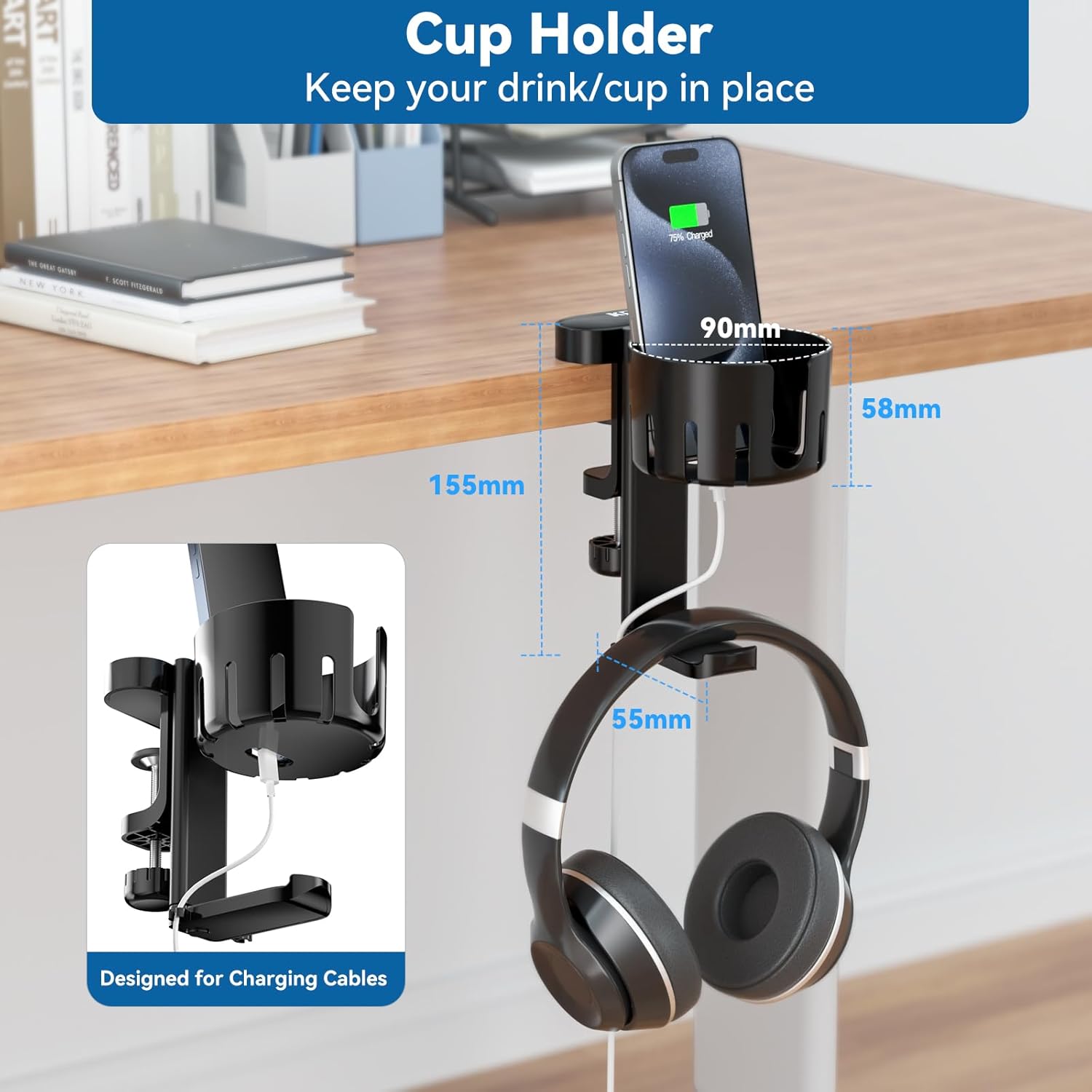 KDD 2 in 1 Headphone Hanger with Desk Cup Holder